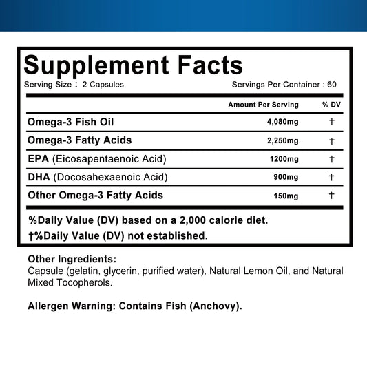 Omega 3 Fish Oil - Support Brain Nervous System Good for Cardiovascular & Skin Health Antioxidant - 120 Capsules