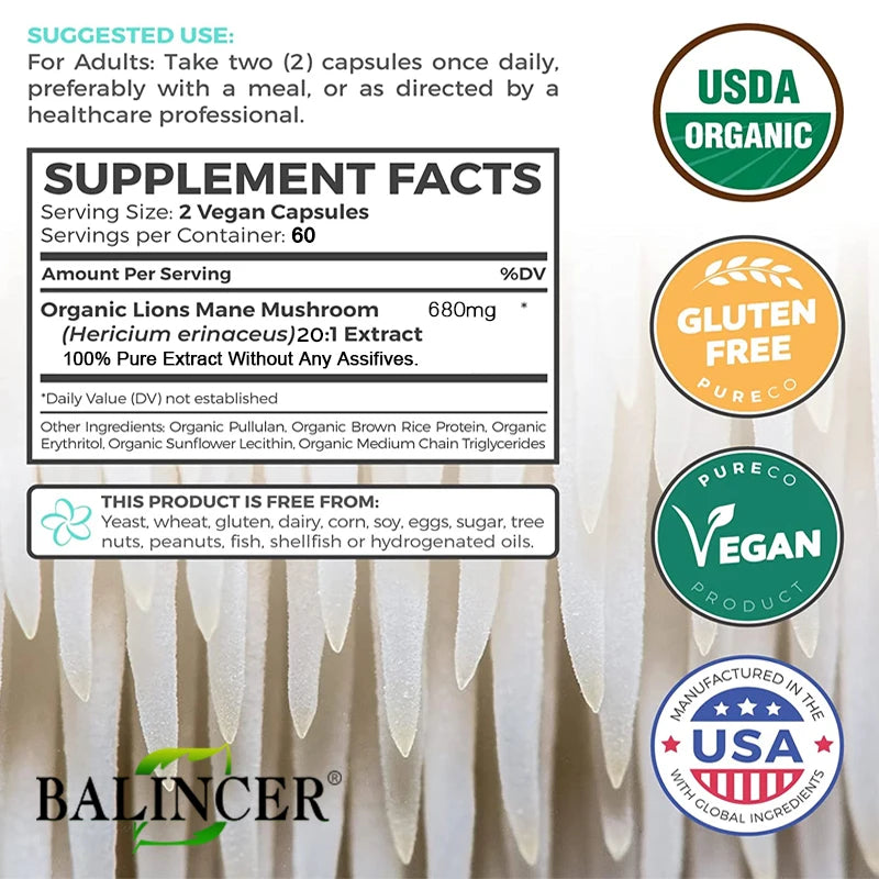 Balincer Lion's Mane Mushroom Extract Supplement for Mood and Sleep Health, Non-GMO, Gluten-free