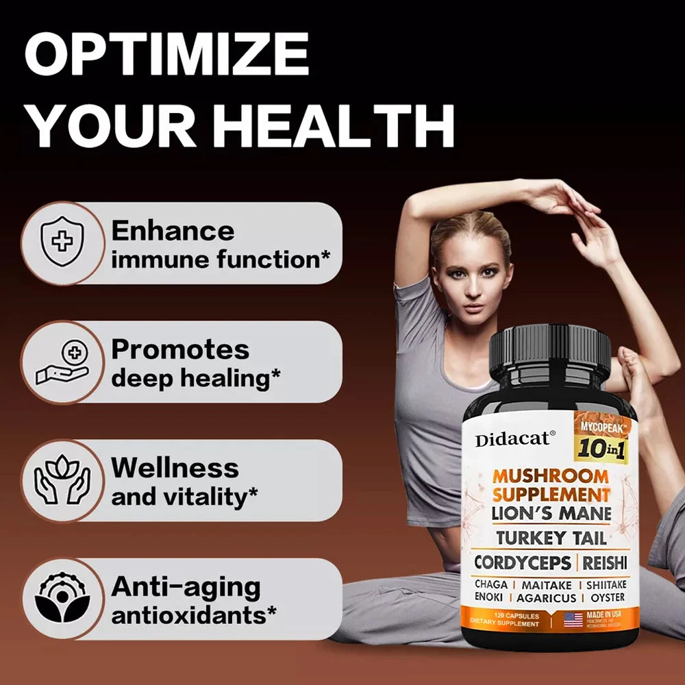 Mushroom Supplement 10x Complex - Lion's Mane, Turkey Tail, Cordyceps, Reishi - Memory & Focus, Brain Support Supplement