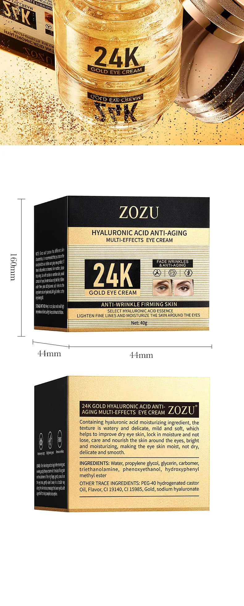 24k Gold Hyaluronic Acid Eye Cream Anti Dark Circles Eye Bags Firming Moisturizing Eyes Skin Care Prodcuts