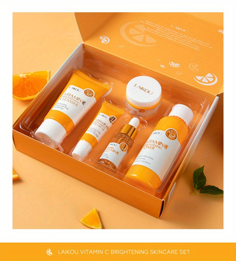 LAIKOU Vitamin C Series Skin Care Products Set 5 Piece Cleansing Skin Water Serum Eye Cream Essence Cream For Men And Women Daily Skin Care Gifts